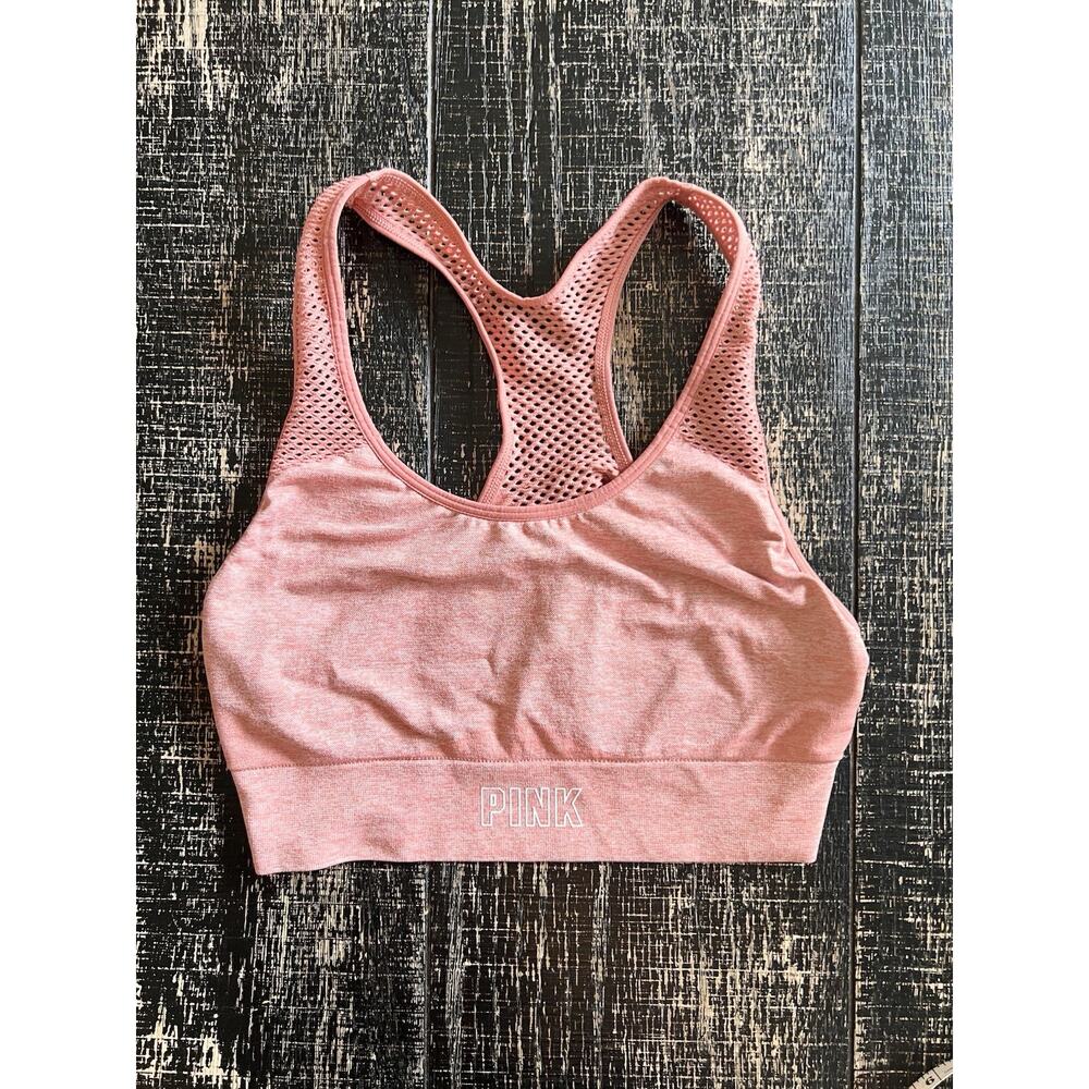 PINK Victoria’s Secret Mesh Racerback Sports Bra Pink Logo Band Small - Picture 2 of 5